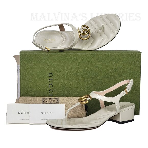GUCCI SHOES WHITE LEATHER DOUBLE G LOGO THONG SANDALS sz 36.5 / 6.5 US - Picture 3 of 14